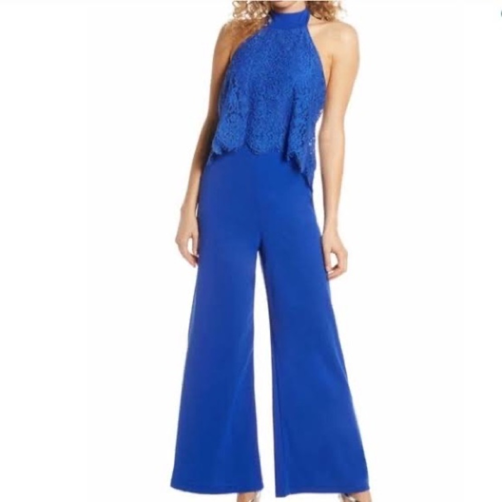 Lulu’s M Bethanie Royal Blue Lace Halter Jumpsuit As Is